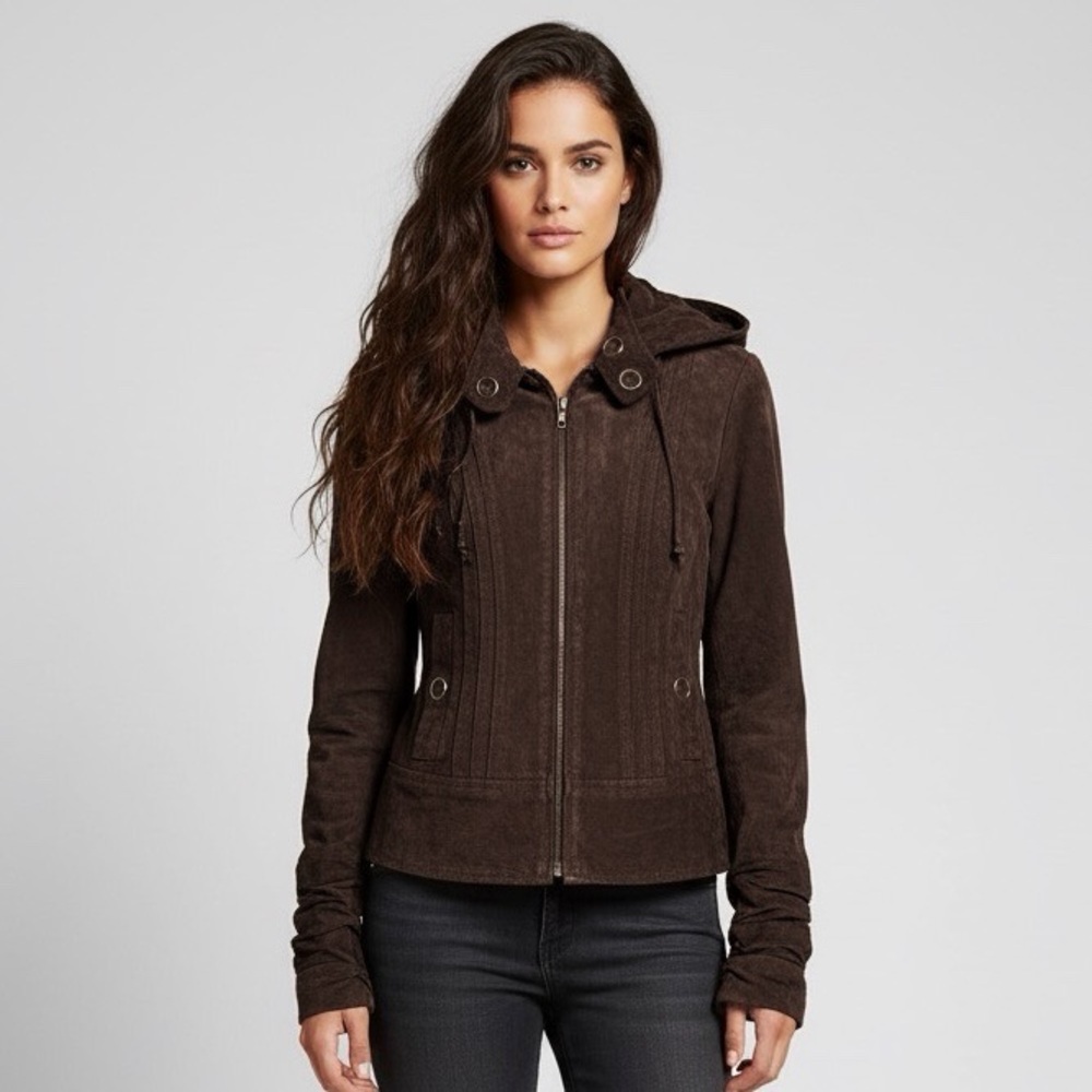 100% Leather Suede Le Chateau Moto Jacket with Hood in Chocolate Brown